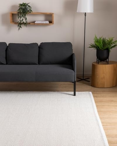 Interiyou handgewebter Baumwollteppich Riga - 140x200 cm Weiß - Handwebteppich für Wohnzimmer, Schlafzimmer - 100% Handarbeit Naturfaser Teppich Flachgewebe