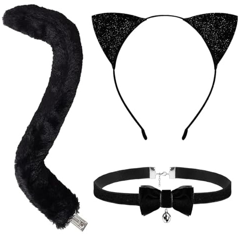 DIELOVEHUA 3PCS Katze Cosplay Set, Katzenohren Stirnband, Schwanz, Kragen, Katzenkostüm Zubehör Frauen Mädchen für Halloween Cosplay Karneval Party, Schwarz
