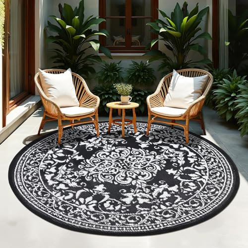 TUKDAK Black Outdoor Rug Round 180cm, Vintage Circle Garden Rugs Outdoor Waterproof, Outside Plastic Straw Patio Mat Carpet, UV Resistant Reversible, Balcony Deck Backyard Porch RV Beach BBQ