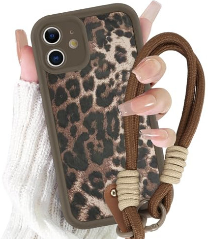 Yirlbey Coque pour iPhone 12 avec Cordon de Bracelet, Silicone Étui avec Aesthetic Léopard Motif Vache Design, Antichoc Bumper Protection Housse avec Lanyard Cover Case pour iPhone12 6,1, Brun 2