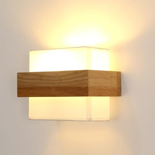 Comely Wandleuchte Holz Innen, Moderne E27 Wandlampe Innen, Wandleuchten Geeignet Boho aus Stoffbezug, Quadrat Design Wandbeleuchtung für Schlafzimmer Wohnzimmer Flur (Ohne Glühbirne)