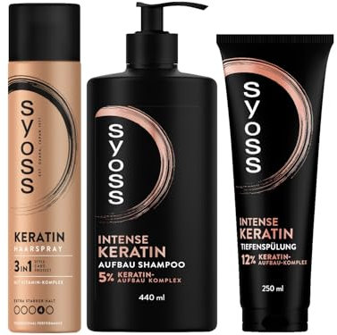 SYOSS Shampoo Intense Keratin Aufbau Shampoo (440 ml) & Tiefenspülung (250 ml) & Haarspray Haltegrad 4 (400 ml) stärkt schwaches, brüchiges Haar, extra starken Halt, Schutz & Stärke