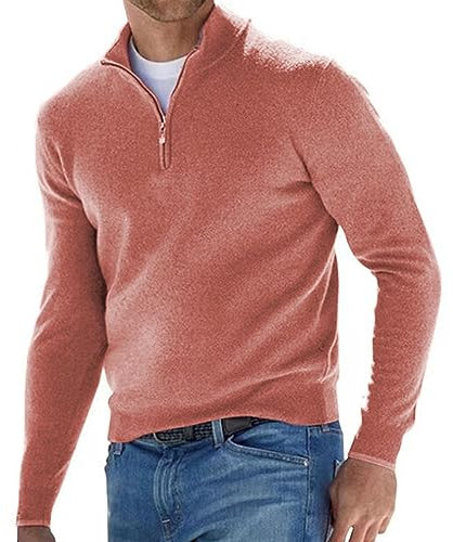 VaiKanhai Camiseta de manga larga para hombre e invierno, cuello en V, forro polar, cremallera, informal, color liso, reloj de pulsera para hombre, Rosa., XXL