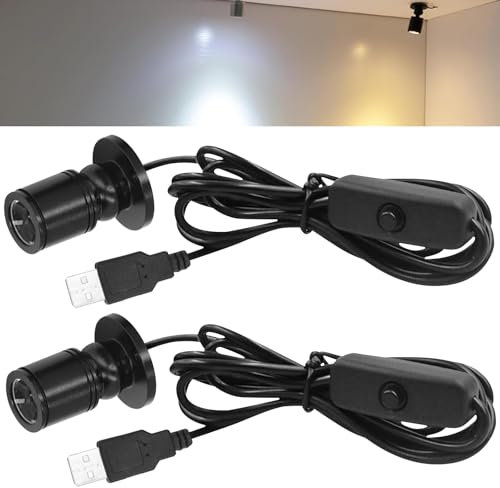 WIYETY Mini Spot Licht: 2 Stück Aluminium USB 5V Dimmbarer LED Strahler, mit 6.6 Fuß Langem Kabel, Kleines Akzentlicht, Warmweißes Licht 3000K für Vitrinen, Schmuck, Schaufenstern, Modellen