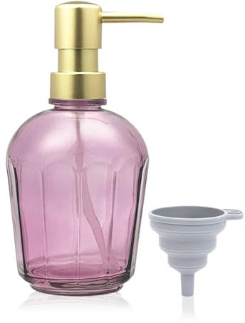 Bliceon 400ml Soap Dispenser with Funnel-Refillable glass soap dispenser for bathrooms and kitchens for soap,detergent and hand soap, Purple bottle,gold pump