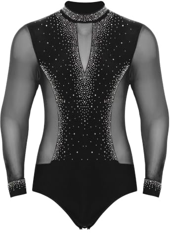 inhzoy Body da Ballo Uomo Latino Americano Tango con Strass Camicia Body da Danza Classica Ginnastica Ritmica Abito da Pattinaggio Artistico Costume da Sala da Ballo