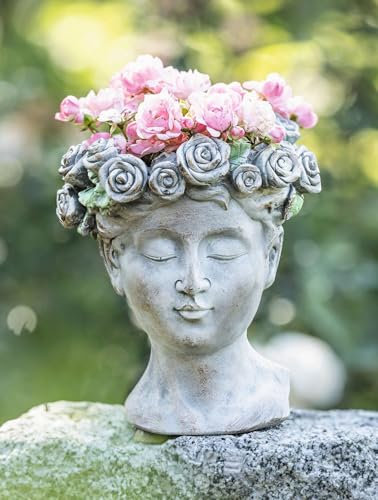 Dekoleidenschaft Pot de fleurs original en forme de couronne de roses - Buste aspect pierre antique - En polyrésine - Décoration de jardin pour l'extérieur