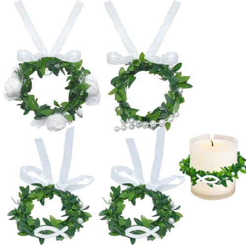PXBSNB 4 Stück Tropfschutz Kommunionkerze, Kleine Tropfschutz Kommunion Kerzenringe mit 5cm Durchmesser, Künstliche Tropfenfänger Kommunionkerze, Dekorative Kerzenkränze für Kommunion Taufe Hochzeiten