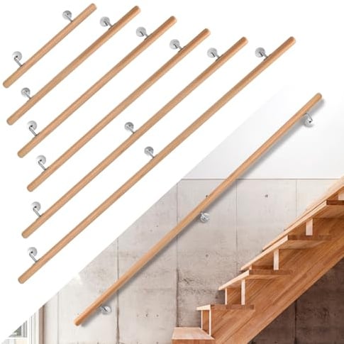 Hebitod Handlauf Buche Holz Treppengeländer, 80cm Geländer mit Wandhalterung, Rutschfester Holzhandlauf, Wand Treppe für Treppen, Gänge, Gartentreppen, Balkon, Dachböden