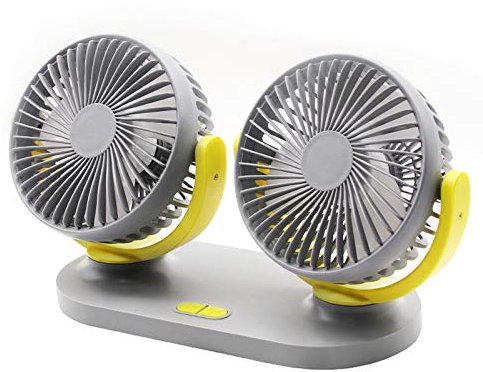 AdoDecor Ventilatore per auto a doppia testa, ventilatore USB universale 12V/24V, girevole a 360 gradi, 3 velocità, per veicoli(Giallo grigiastro)