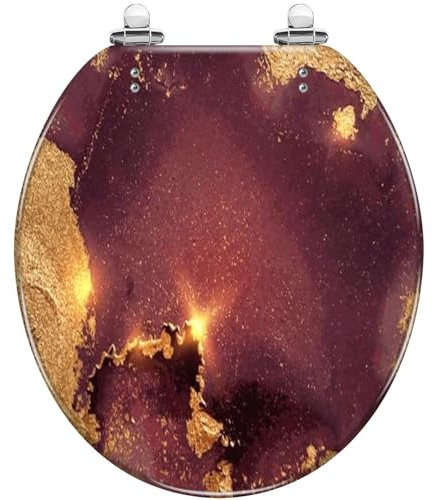 Round Toilet Seat Dark Gold Purple Burgundy Abstract Alcohol Ink Marble Texture Shining Resin Toilet lid with Quietly Close Quick Release Hinges Decorative Seat with Cover Easy to Clean and Install