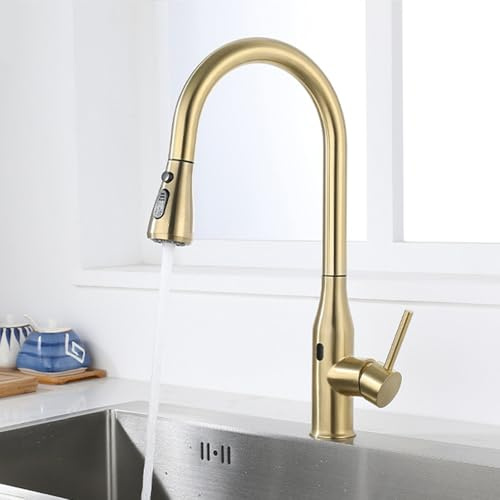 XJTNLB Brushed Gold Kitchen Sink Sensor Tap Gooseneck Single Lever Handle Kitchen Tap with Pull Out Spray