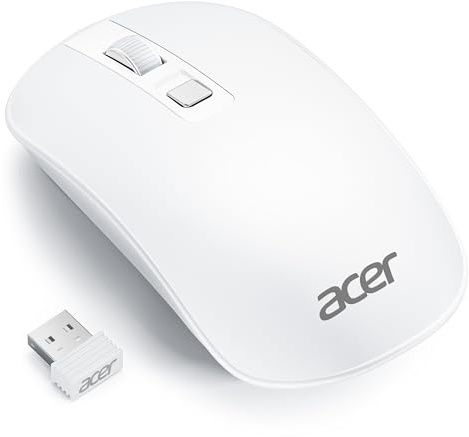 Acer Wireless Mouse, Computer Mouse Wireless with 2.4GHz USB Receiver, 1600 DPI Portable Ultra-Slim Mice with 4 Buttons, Lightwight, Compatible with Laptop, MacBook, Desktop, PC - White