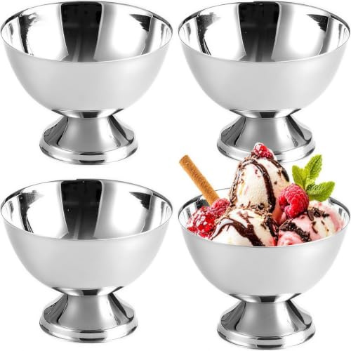 Eisbecher Edelstahl, 4 Stück Eiscreme Schalen 200ml Dessertschale | Cocktail Gläser Dessertschale Ice Cream Sundae Dessertgläser für Obst Salat Joghurt Ø 10 Cm Silber Klein