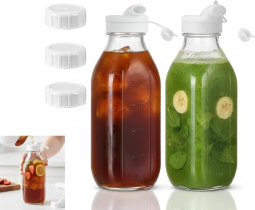 Zbozzba Glasflaschen 1 Liter mit Deckel, 2er Set Milchflaschen mit Schraubverschluss, Smoothie mit Skalenmarkierung,Wiederverwendbare, für Saft,Milch,Milchshakes