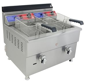 Gasfrit Friteuse à gaz professionnelle avec robinet 17 l ou 2 x 17 l, acier inoxydable, thermostat EGO, allumage électronique, zone froide, hôtellerie, bars, restaurants (17 + 17 L)