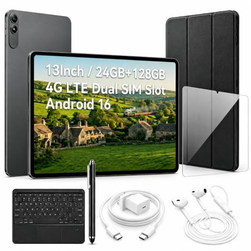 Tablets 13 Inch, 4G LTE, Android 16 Tablet with Keyboard, 24GB+128GB, Grey