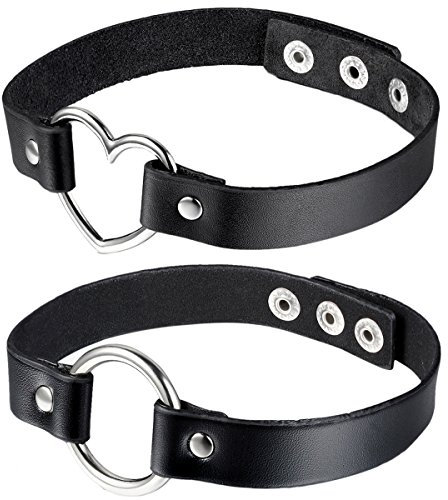 OIDEA Damen Leder Choker Halsband: 2 Stück Punk Rock Schwarz Lederhalsband Lederkette mit Kreis Herz Anhänger Druckknopf verstellbar Länge Hip Pop Schmuck für Kostüm Party Allstag