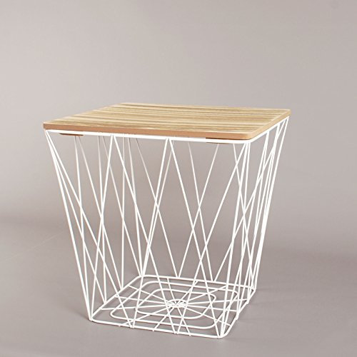 White Geometric Iron Metal Wire & Square Wooden Top Storage Side Table Basket
