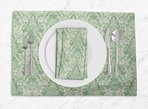 S4Sassy Verde Foglie e Damasco Floreale Sottopiatti reversibili per Sala da Pranzo Stampata con tovaglioli
