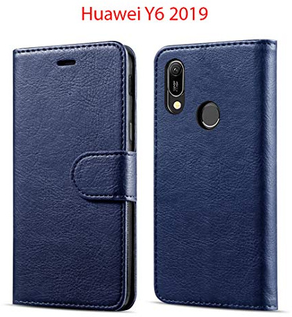 New&Teck Coque Huawei Y6 2019 Housse Etui Portefeuille Cuir Multifonction, Fermeture Magnétique à Clapet Anti-Choc Bleu