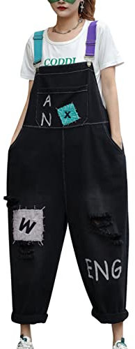 Bigassets Donna Stampato Salopette in jeans Tuta corta senza maniche Salopette di jeans tuta Style 1 Black