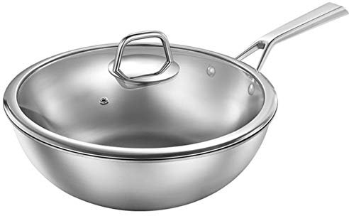 Wok E Padelle, Wok in Titanio Puro - Sano Non Patinato Wok Fondo Piatto/Materiale Composito, Conduzione Termica Efficiente, Con Coperchio (Argento),32cm