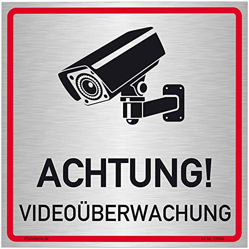 Schilderio Achtung Videoüberwachung Schild (20x20 cm Alu Verbund) videoüberwacht Warnschild Hinweisschild zur Kennzeichnung einer Kamera Überwachung nach BDSG/DSGVO, 3mm Aluminiumverbund gebürstet