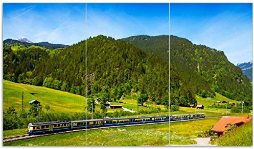Wallario Herdabdeckplatte/Spritzschutz aus Glas, 3-teilig, 90x52cm mit 8mm hohen Füßen, für Ceran- und Induktionsherde, Eisenbahn in Einer Sommerlandschaft in der Schweiz