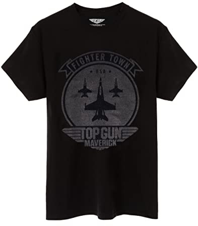 Top Gun Maverick Mens T-Shirt | Adults Aviatior Helmet Fighter Town Short Sleeve Graphic Tee in Black | Air Station USA Action Movie Apparel Top | Iconic Film Series Merchandise Gift