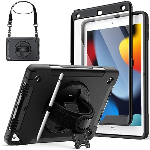 JETech Custodia per iPad 10,2 Pollici (9a/8a/7a Generazione, 2021/2020/2019) con Integrato Pellicola Prottetiva, Cover per Antiurto, Tracolla Supporto Rotante 360 Gradi (Nero)