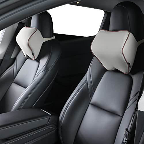 2-Pack Auto Nackenkissen, Weichheit Auto Kopfstütze Kissen zum Fahren mit verstellbarem Riemen, 100% Memory Foam und atmungsaktiver Abnehmbarer Abdeckung (Beige)