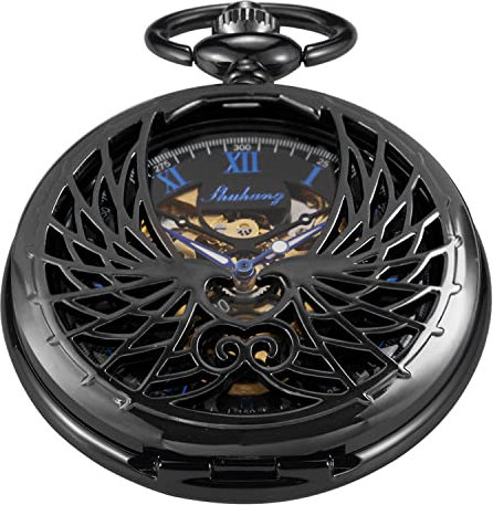 Whodoit Mechanische Taschenuhr mit römischen Ziffern, Schwarz und Silber, mit Kette und Schachtel, MW145