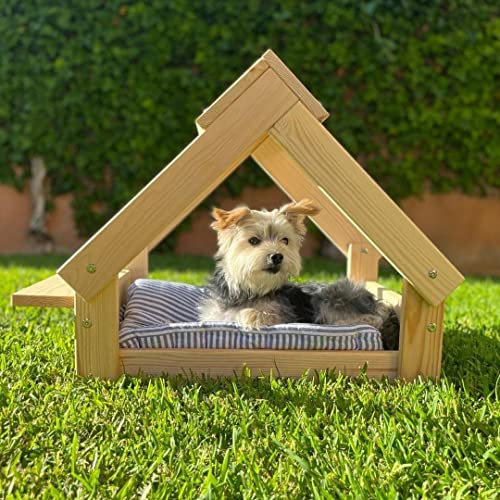 Skraut Home - Hundehütte in Naturfarbe – Bett aus Naturholz FSC für kleine und mittelgroße Hunde und Katzen – Haus für Tiere – 2 Napfhalterungen 76 x 44 x 55 cm