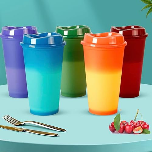 NS 5PCS -16oz Reusable Color Changing Tumbler Coffee Cups Plastic Tumblers Cup with Lids for Hot Drink Durable & Splash-Proof Water Travel Cup