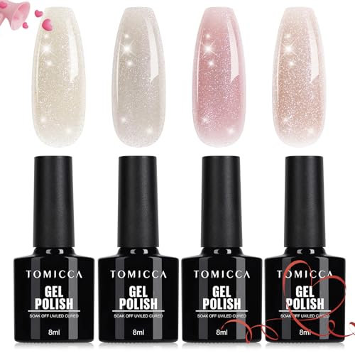 TOMICCA Glitter Gel Nail Polish 4 Colors Pink Beige Nude Color Shimmer Gel Nail Polish Set Long-lasting Glitter Polish, Crystal Gleam Manicure 8ML