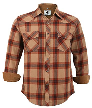 Coevals Club Chemise Flanelle Homme Chemise de bûcheron Homme Manches Longues Carreaux Boutons-Pression Coton avec Poche Coupe Normale Chemise décontractée(Marron à Carreaux 4# 2XL)