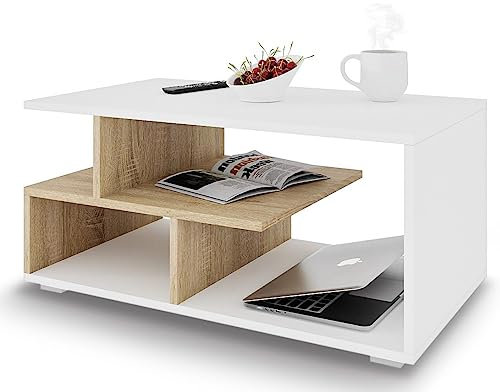 Meble Pitus Couchtisch Holz - Wohnzimmertisch Modern - Couchtisch mit Stauraum 90 x 50 x 49cm - Tisch für Wohnzimmer - Weiß/Sonoma-Eiche