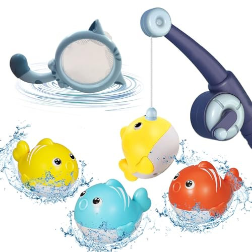 Badespielzeug 3 Stück, Badewannenspielzeug mit Fischernetz Angelstäbe und Badetier, Wasserspielzeug Kinder, Angelspiel Magnetisch, Badespielzeug Light Up Game, Pop It Fidget Spielzeug