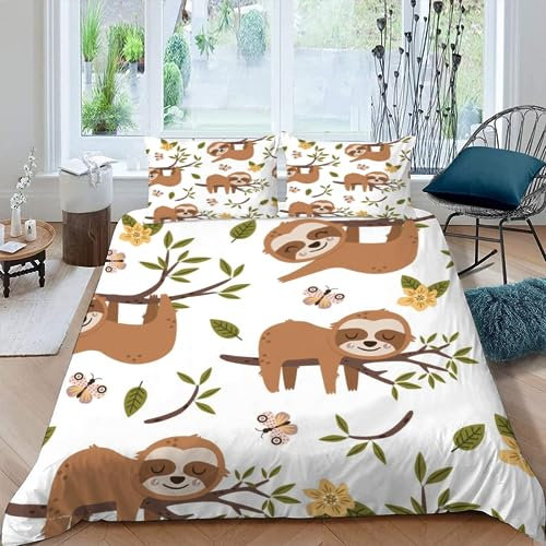 AASIRA Bettwäsche 200x200 3Teilig Cartoon-Faultier Bettbezug Erwachsene Leicht Mikrofaser Bettwäsche Set mit Muster 3D Kawaii-Tiere Bettbezüge Sommer mit Reißverschluss und 2 Kissenbezüge 80x80