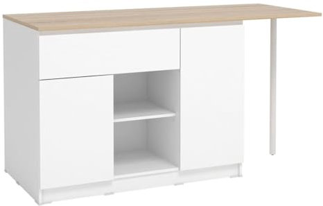 Vente-unique-Kücheninsel mit 2 Türen, 1 Schubladen & 2 Regalfächern - Weiß & Helle Holzfarben - TUNORI