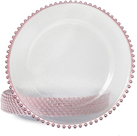 CN.JIAHE 13inch Clear Rose Gold Bead Acrylic Plastics Back texture Charger Plate, Set of 8, Charger Plates for Dinner,Wedding,Party,Event Decoration.