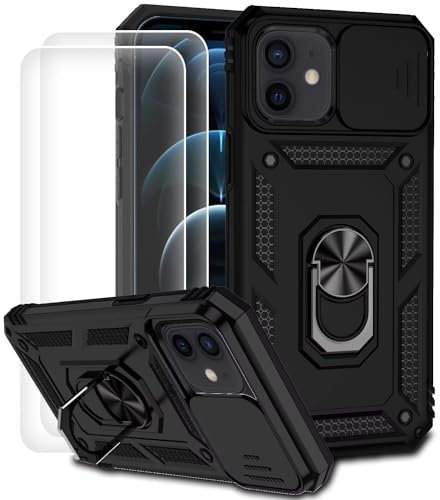 Dechyi Coque pour iPhone 12 Mini Housse avec Verre TrempéLentille Coulissante Couverture Support d’Anneau Rotatif Armor Silicone Étui Antichoc Bumper-Noir