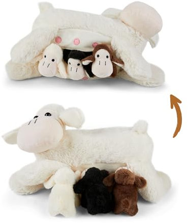 Mamanimals Schaf Kuscheltier mit 3 Baby Schafen, Babys im Bauch mit Reißverschluss verstaubar, magnetische Zitzen zum Säugen, hochwertiges Plüschtier Set für Kinder