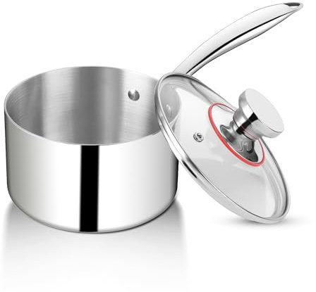 HaWare Stielkasserolle, 16cm Milchtopf Kochtopf Induktion mit Glasdeckel, 3-Lagen Edeastahl Topf für alle Herdarten, 1,9L Kasserolle zum Kochen, Gesund & Unbeschichtet, Spülmaschinenfest