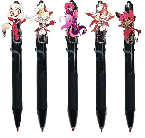 Hazbin Hotel Merch Alastor Angel Dust Charlie 5 Stück Anime-Stifte Schreibwaren-Set für Jungen Mädchen Schüler Schulbedarf Kugelschreiber Push Action Unisex Geschenke