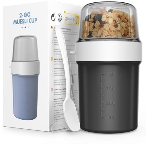 JSCORES Overnight Oats Jar-Dishwasher Safe Yogurt Pot& Cereal Cup,Reusable Overnight Oats Container with Lid and Spoon-560 ml+310 ml (Deep Black, L)