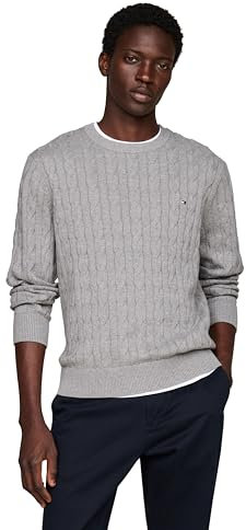 Tommy Hilfiger Men's Cable Knit Crewneck Sweater Lightweight Pullover, Medium Grey Heather, XL
