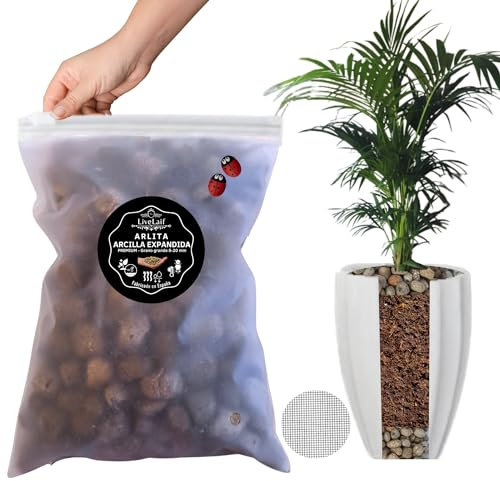 LiveLaif®- 1 L.Arcilla Expandida para Plantas |Grano 8-20mm-Sin Colorante| Arlita para Plantas | Leca Plantas | Piedras para Macetas | Piedras Drenaje Macetas | Bolas de Arcilla para Plantas