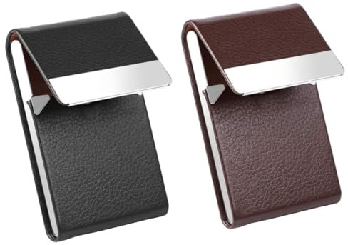 Porte-cartes de visite, 2 Pack étui en métal pour cartes de visite pour femmes et hommes, porte-cartes de visite professionnels en cuir PU pour bureau, étui fin en métal avec fermeture magnétique